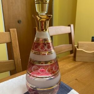 Bohemian Crystal Decanter with etchings in Cranberry & Gold colours.